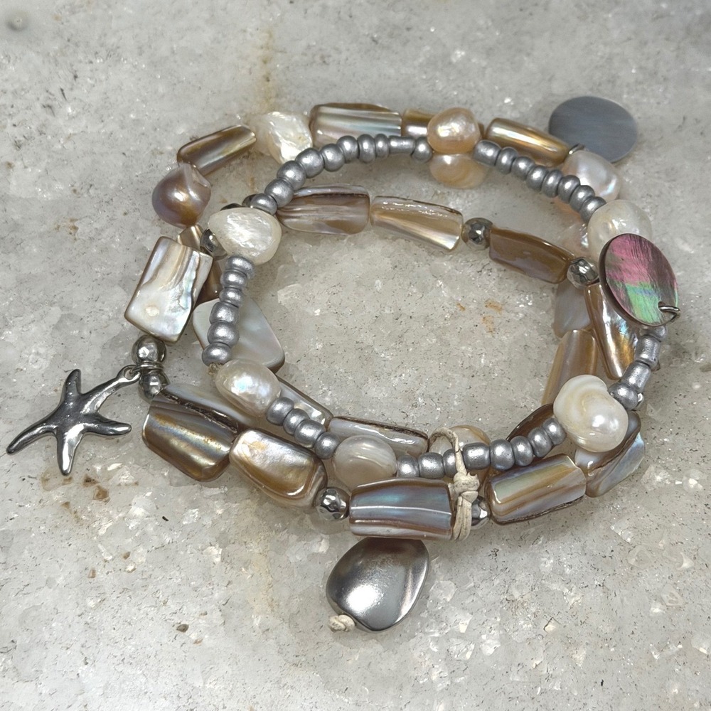 3 Strand Mother of Pearl Beaded Stretch Bracelet Set Starfish Coastal Boho